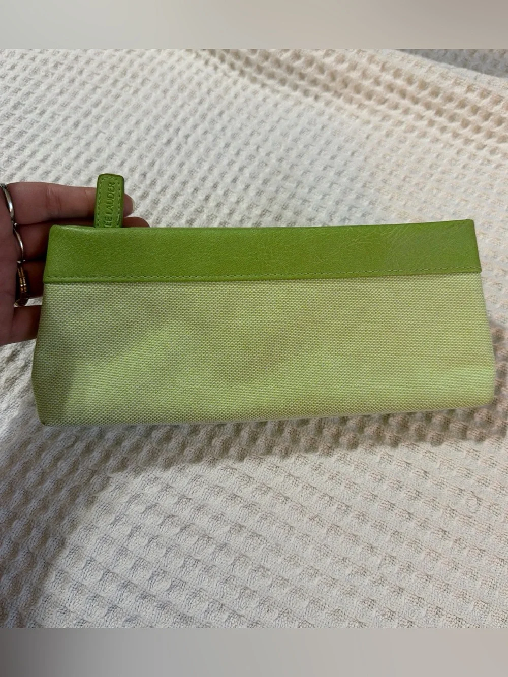 Estee Lauder Light Green Canvas Cosmetic Pouch with Lime Leather Trim